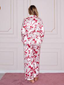 Heart & Bow Cute Girl/Women Pajama Set - Burgundy - View 2