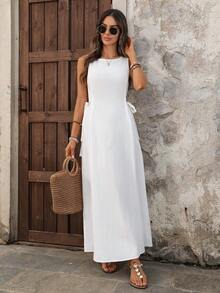 EMERY ROSE 女士休闲度假通勤纯色无袖侧打结连衣裙，简约百搭，夏季 - 白色 - 查看 8