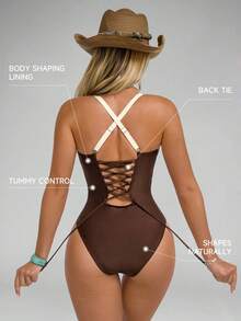 Shapewave 1pc Women's Patchwork One-Piece Swimsuit, Brown, Orange, Beige, Criss-Cross Back, Tummy Control, Cinched Waist - Brown - View 2