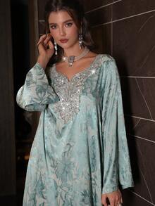 Al Najma Women's Green Woven Jacquard Long Sleeve Embroidered Collar Floral Elegant Arabic Dress - Green - View 5