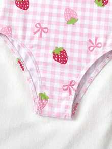 SHEIN Adorable Girls Strawberry Gingham Print Sleeveless Ruffle Square Neck Short One Piece Swimsuit Fitted Polyester For Beach Fun - Multicolor - View 3