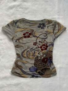 Glimmora Women's Fish Print Cropped Casual T-Shirt, Back To School, Commute, Street Fashion - Multicolor - View 2