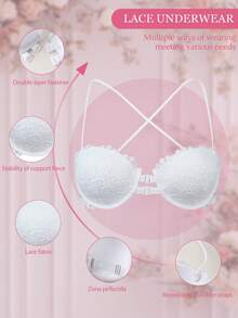 DesireSculpt 1件装女士钢圈前扣蕾丝文胸，性感舒适，提拉支撑 - 白色 - 查看 8