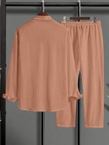 Manfinity Homme Conjunto de 2 piezas de top de manga larga y pantalones largos de unicolor minimalista para hombre, uso casual diario - Rosa vieja - Ver 2