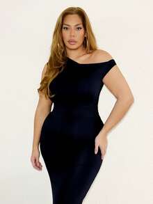 MelDlgn 大码女士春夏服装，优雅不对称不对称领口超长鱼尾连衣裙，适合休闲约会、聚会、派对、俱乐部服装、万圣节、情人节、婚礼嘉宾、舞会、生日女士礼服 - 黑色 - 查看 3