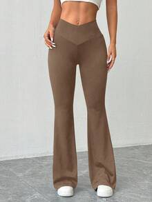 Almamuse 女士纯色不对称腰部休闲喇叭针织裤，秋冬款 - 咖啡棕 - 查看 6