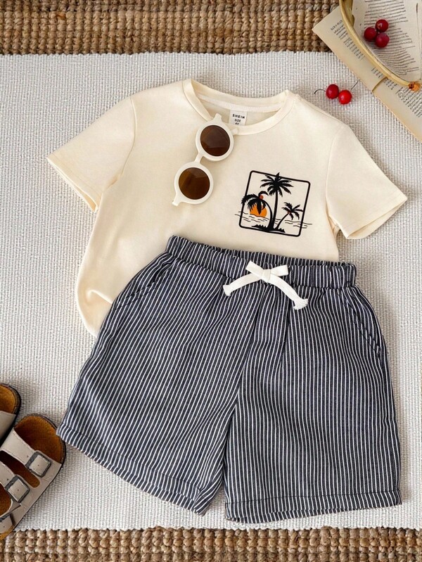 SHEIN 2pcs/Set Baby Boy/Girl Cute Cartoon Print Short Sleeve T-Shirt & Striped Elastic Waist Shorts Set, Summer Casual Vacation Outfit