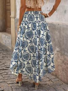 Brillora Chân váy kiểu Bohemian dáng bất đối xứng, thắt eo dây rút, in họa tiết, thích hợp cho nữ, phong cách thường ngày đi nghỉ mát, mùa xuân/hè. - Nhiều màu - Xem 2