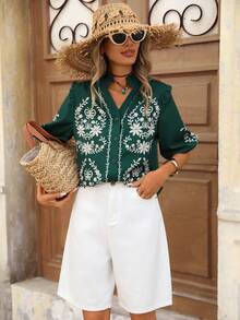 Brillora 女士V领荷叶边开襟休闲印花衬衫，适合春夏外出和度假 - 綠色 - 查看 6