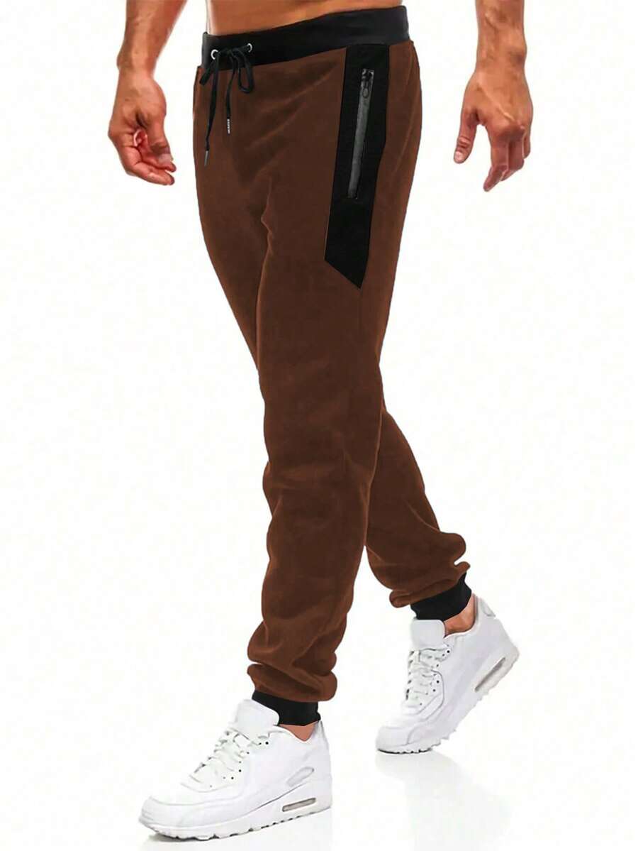 GymBeat Men's Casual Contrast Color Drawstring Waist Jogger Pants - Camel - View 1