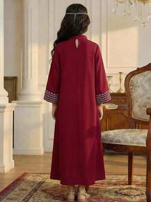 SHEIN Tween Girl Graphic Print Notched Neck Long Sleeve Casual Dress - Burgundy - View 5