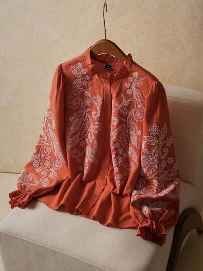 Elaquor Plus Size Women Vacation Cashew Embroidery Frill Trim Stand Collar Long Sleeve Casual Blouse