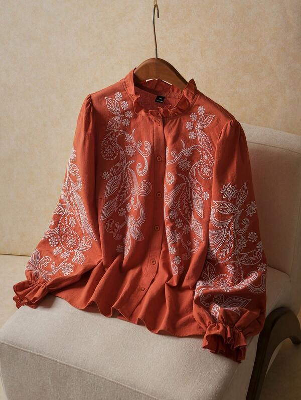 Elaquor Plus Size Women Vacation Cashew Embroidery Frill Trim Stand Collar Long Sleeve Casual Blouse