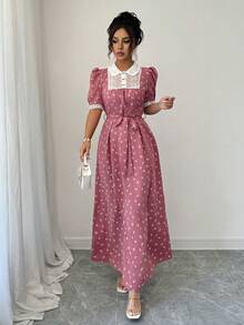 Modelyn Đầm hoa thanh lịch dành cho nữ, màu đen dệt họa tiết nơ, phối ren tương phản, tay ngắn, dáng chữ A, xếp ly, có thắt lưng. - Hồng - Xem 4