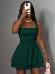 Slaydiva Women's Casual Basic Sleeveless Ruched Layered A-Line Short Dress, Minimalist Design - Dark Green - View 6