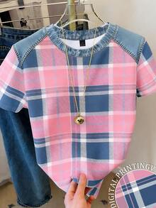 Resyla Women's Plaid Round Neck Short Sleeve Casual Versatile Top - Multicolor - View 1