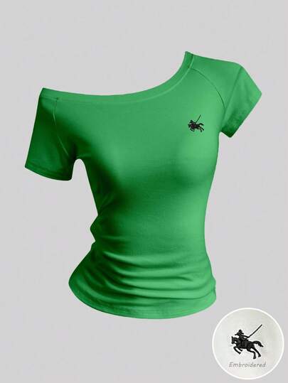 Sweetra Women's Summer Asymmetrical Shoulder T-Shirt Top, Embroidered Knight Riding Horse Logo, Green Short Sleeve