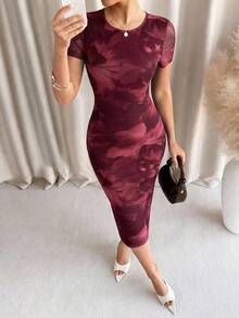 Vestido de manga corta con estampado floral verde para mujer - Burdeos - Ver 4