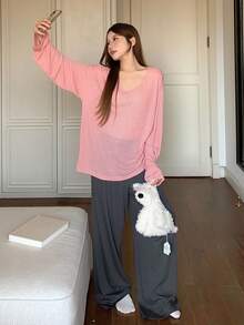 DAZY Solid Color Lightweight Semi-Sheer Cover Up Top & Long Pajama Pants Women Sleepwear Set - Pink - View 8