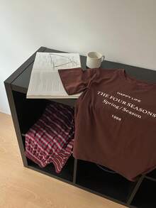 DAZY 2件套女士夏季宽松英文印花短袖T恤和条纹直筒裤睡衣套装，棕色 - 棕色 - 查看 7