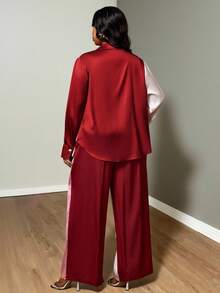 Truni Plus Size Women's Contrast Color Loose Long Sleeve Shirt And Pants Set, With Pocket And Button Details, Suitable For Dates, Parties, Commuting, Pear-Shaped Figure Blouse And Pants Set Pant Suit Set Plus, For Pear Triangle Body Shape - Multicolor - View 2