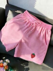 Resyla Women's Drawstring Strawberry Embroidered Shorts, Regular Fit, Rose Pink - Hot Pink - View 4