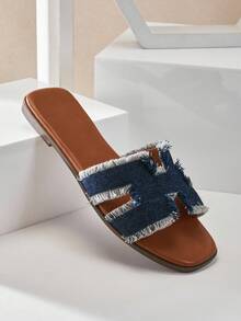 SHUZIA #Streetchic Women's Harness Cut-Out Open Toe Soft-Cushion Dark Indigo Slide Sandals – Casual, & Easy To Style - Blue - View 1