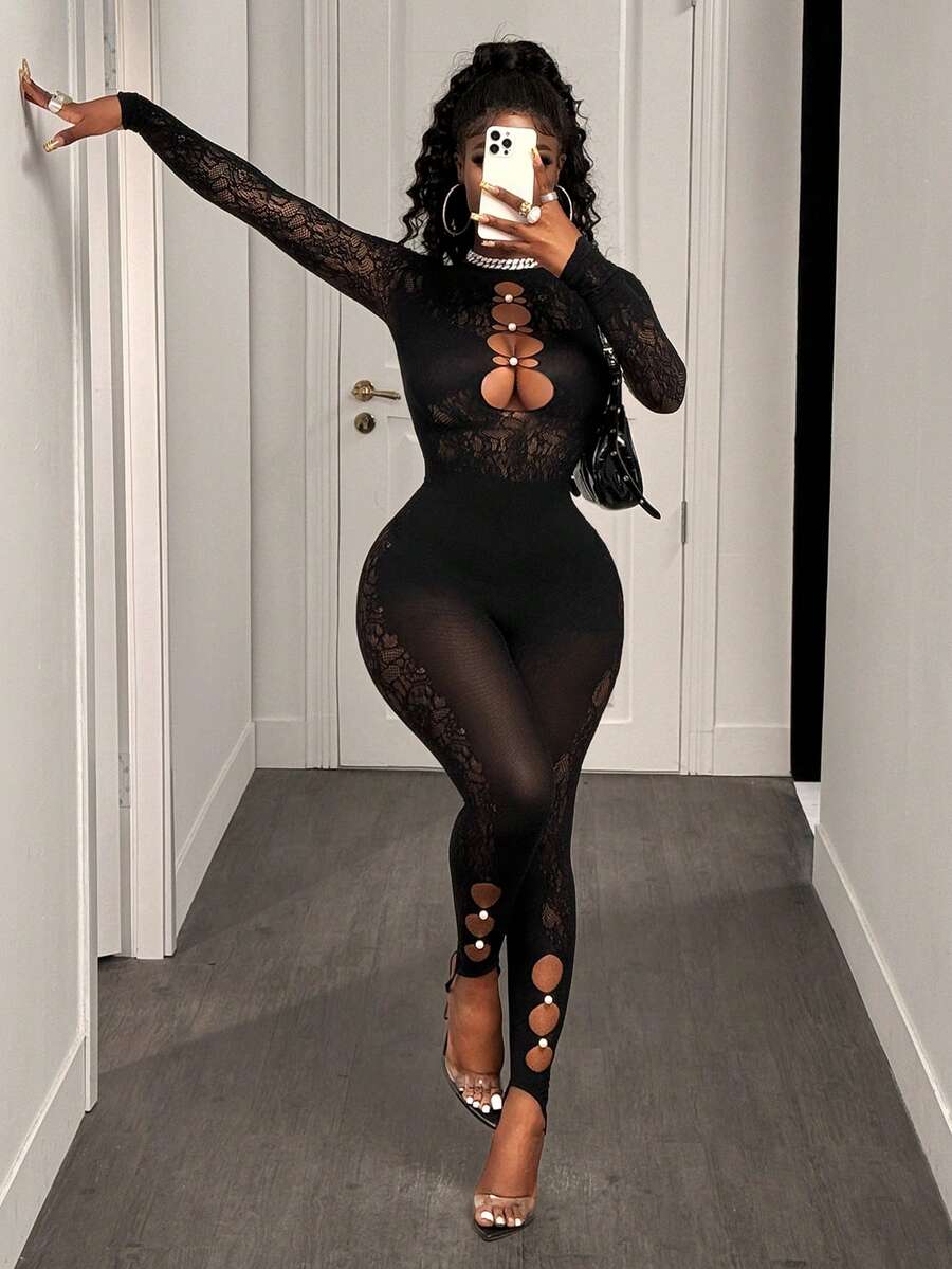 BamGleam Women's Sexy Hollow Out Mesh See-Through Jumpsuit