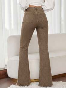 SHEIN LUNE Women's Solid Color High-Rise Raw Hem Flare Jeans - Coffee Brown - View 2