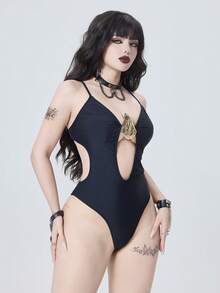 ROMWE Goth 2026新款性感纯色金属装饰镂空连体泳衣，春夏款 - 黑色 - 查看 4