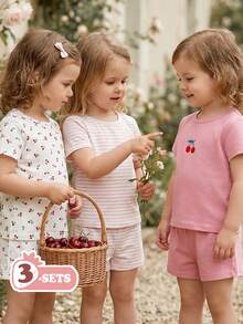 SHEIN Vintaside Kids 6件套女婴新生儿幼儿0-3岁春夏新款可爱兔子纯色条纹T恤短裤套装 - 粉色 - 查看 6
