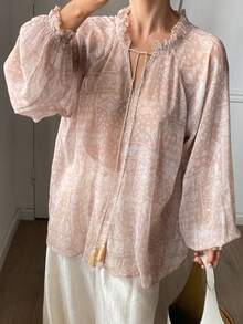 DAZY Women's Floral Print Loose Lantern Sleeve Tassel Tie Elegant Vacation Blouse, Spring/Autumn - Khaki - View 3