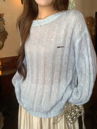 DAZY Women's Loose Hollow-Out Lightweight Metallic Logo Long Sleeve Casual Vacation Knit Sweater, Spring/Autumn