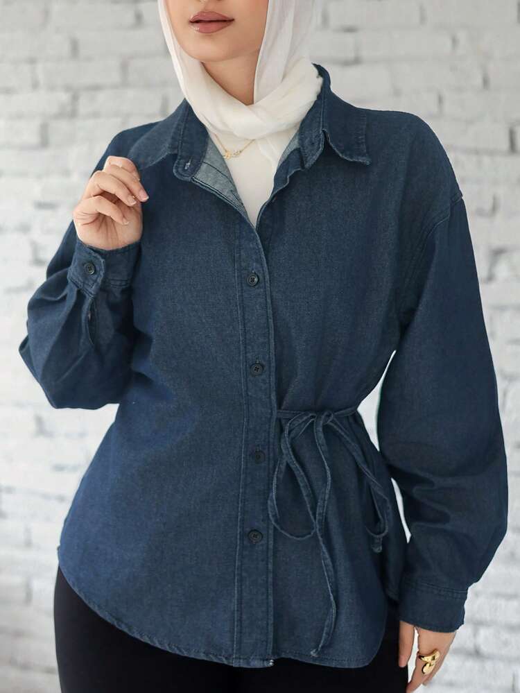 Women's Western Style Solid Color Tie-Up Loose Turndown Collar Long Sleeve Casual Denim Blouse, Spring & Summer