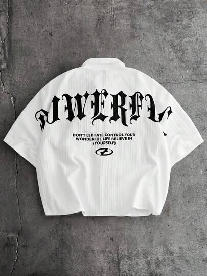 AXEPEAK Men's Letter Print Short Sleeve Single-Breasted Casual Loose Shirt