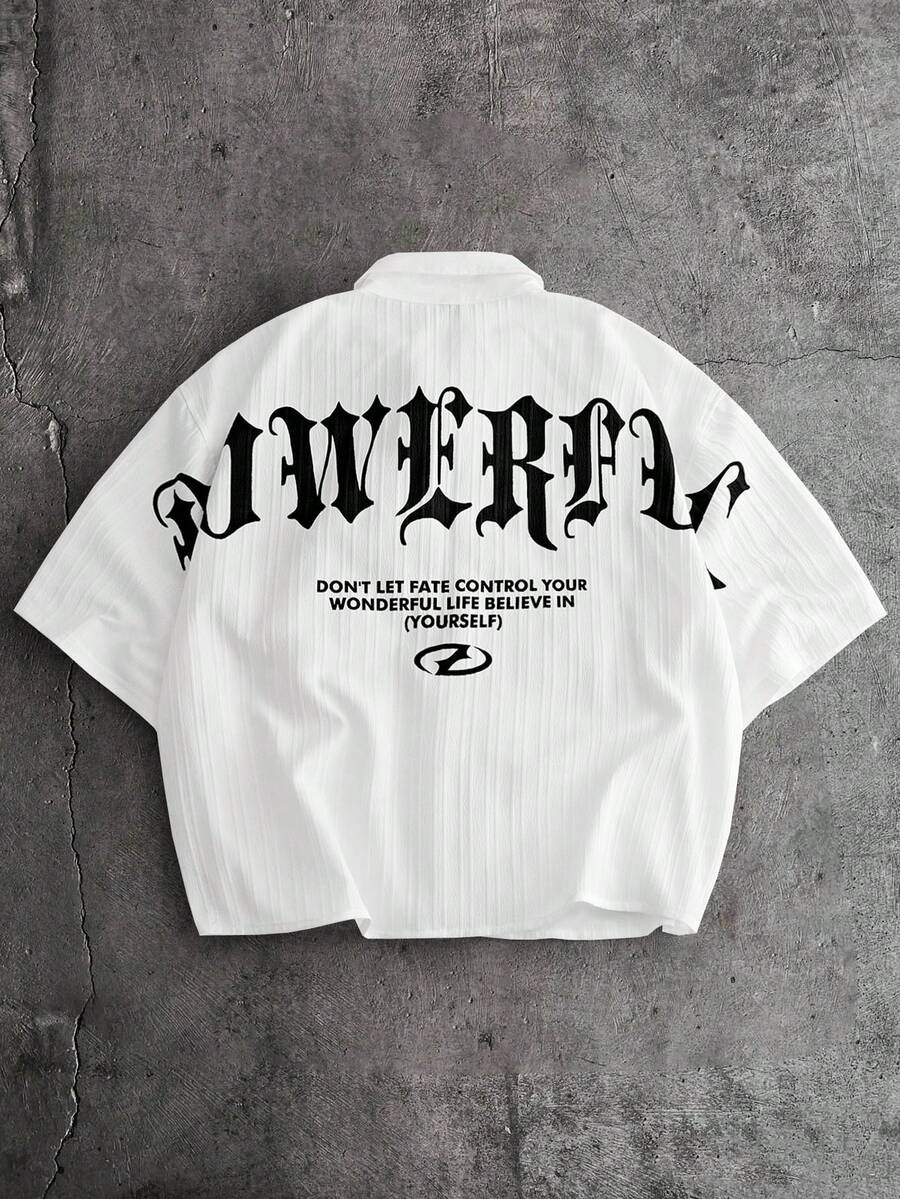 AXEPEAK Camisa casual de manga corta con estampado de letras, de corte holgado y de solapa única para hombres - Blanco - Ver 1