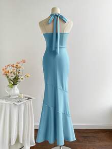 Elamini 优雅纯色鱼尾露背吊带连衣裙 - 天藍色 - 查看 2