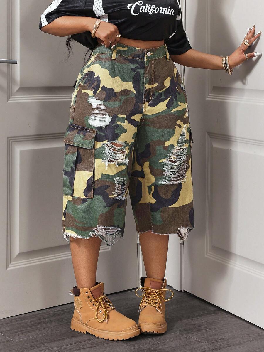 Slaydiva Quần short Bermuda denim rách dáng rộng cạp cao in họa tiết rằn ri dành cho người có thân hình mũm mĩm. - Nhiều màu - Xem 1