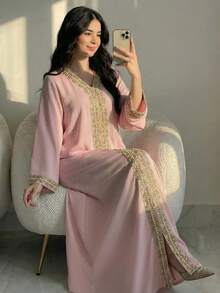 SHEIN Teen Girls' Partywear Abaya Dress, Lotus Pink With Golden Lace Trim And Slit Design Abaya Dresses Abaya Modest Abaya Pink Abaya For Women, Teen Girl Green Woven Patchwork Printed Gold Ribbon Casual Dress Abayas For Girls Abaya Dress For Girls Light Green Modest Dress Long Modest Dresses For Girls And Ladies Teen Modest Dress,Blue Haze Blue Linen Chiffon Patchwork Print Tassel Tie Waist Casual Dress, Spring & Summer Light Grey Blue Dress Teenager Dress Abaya Dusty Blue Girls Maxi Dress Teen Modes - Pink - View 2