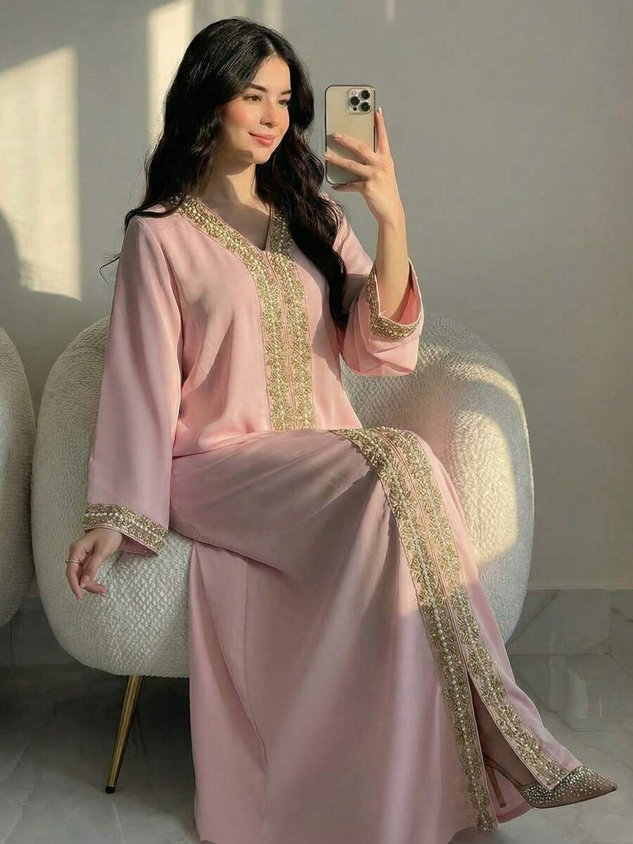 SHEIN Teen Girls' Partywear Abaya Dress, Lotus Pink With Golden Lace Trim And Slit Design Abaya Dresses Abaya Modest Abaya Pink Abaya For Women, Teen Girl Green Woven Patchwork Printed Gold Ribbon Casual Dress Abayas For Girls Abaya Dress For Girls Light Green Modest Dress Long Modest Dresses For Girls And Ladies Teen Modest Dress,Blue Haze Blue Linen Chiffon Patchwork Print Tassel Tie Waist Casual Dress, Spring & Summer Light Grey Blue Dress Teenager Dress Abaya Dusty Blue Girls Maxi Dress Teen Modes - Pink - View 1