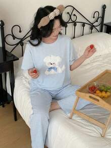 2pcs Women Summer Cute Cartoon 3D Dog Print Striped Round Neck Short Sleeve Loose Casual Pajama Set - Blue - View 1