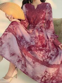 DAZY Đầm midi ren hoa phối hợp thanh lịch dành cho nữ, đầm dự tiệc cưới mùa xuân/hè. - Màu tím - Xem 6