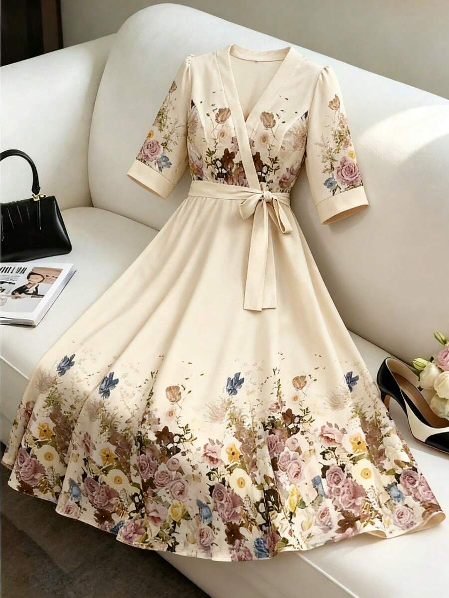 Franclia 杏色交叉V领中长连衣裙 / 花卉印花收腰优雅中长连衣裙 - 杏色 - 查看 1