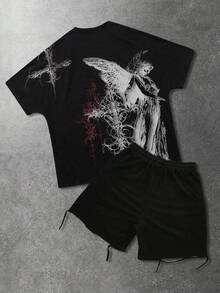 ROMWE MEN Goth 男士标语十字印花圆领短袖T恤和抽绳腰短裤套装 - 黑色 - 查看 2