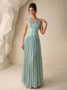 Coutiva Women's High-End Evening Dress, Elegant Sequin Shiny Elegant Luxury Halter Dress - Mint Green - View 4