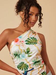 Travachic 热带印花度假风不对称下摆褶皱衬衫 - 彩色 - 查看 7