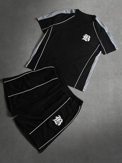 STYNVO Men's Letter Print Round Neck Short Sleeve T-Shirt And Drawstring Waist Shorts Set