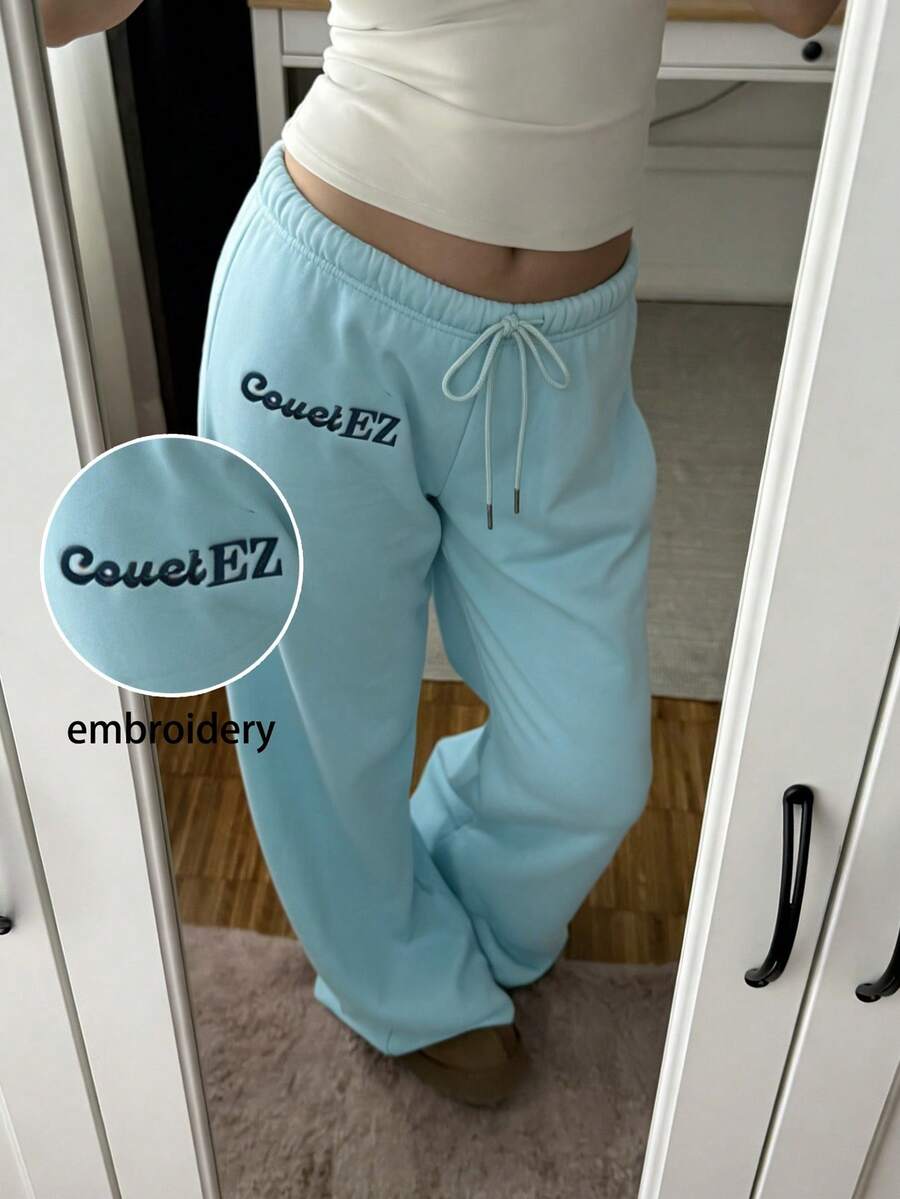 CovetEZ 女士休闲刺绣蓝色抽绳运动裤 - 藍色 - 查看 1