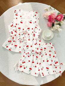 GlowEve Cherry Print Tie-Front Casual Vacation Women Shirt And Elastic Waist Shorts Two Pieces Set - White - View 1