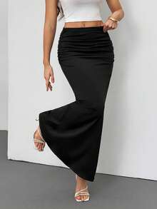 SHEIN Tall 秋冬季女士优雅纯色褶裥鱼尾裙，适合度假穿着。 - 黑色 - 查看 4